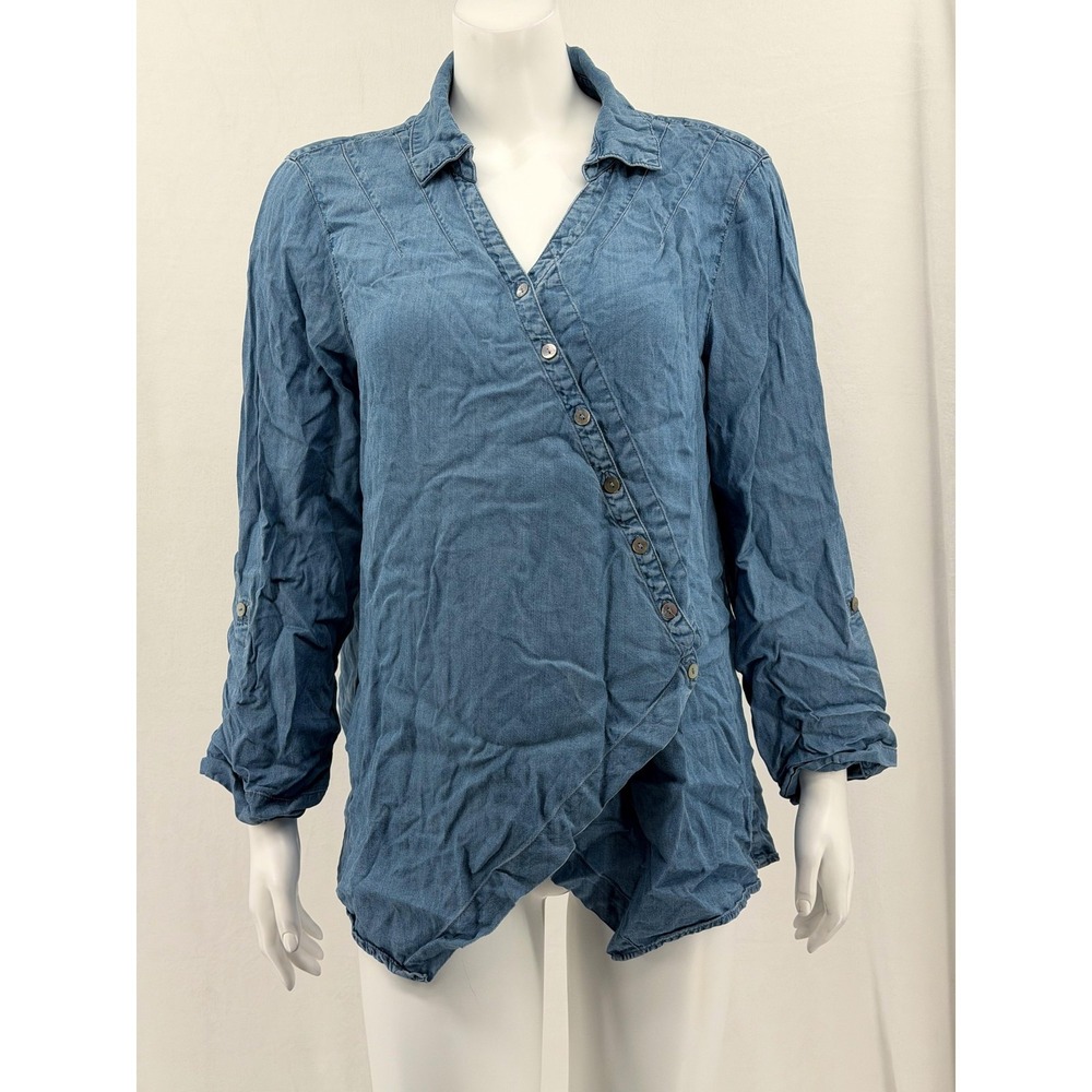 Ali Miles Top Womens Large Blue Tencel Asymmetrical Tunic Button Up Lagenlook